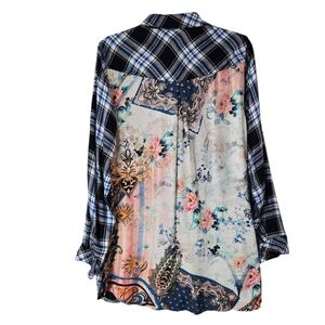 Tolani Collection Blue Plaid Floral Mixed‎ Media Tunic Shirt Top Pockets Medium